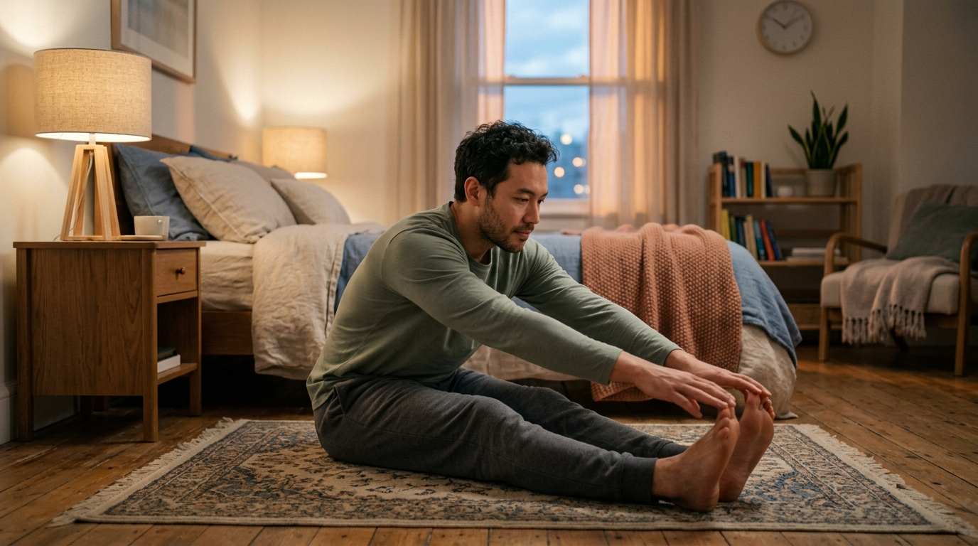 Sanftes Abend-Stretching im Schlafzimmer